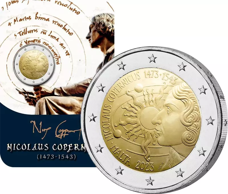 2 Euro Malta 550. Geburtstag Nikolaus Kopernikus 2023 in offizieller Coincard
