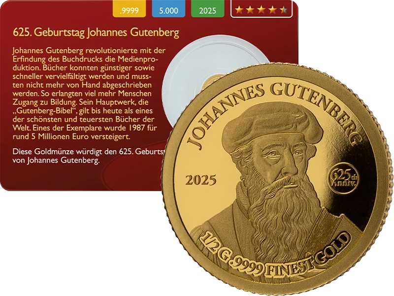 1.000 Francs Gabun 625. Geburtstag Johannes Gutenberg 2025 Gold Coin Card 1.000 Francs Gabun 625. Geburtstag Johannes Gutenberg 2025 Gold Coin Card