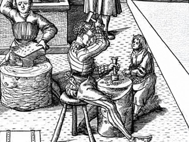 Bis zur Renaissance die dominierende Technik der Münzprägung: Hammerprägungen Illustration eines Mannes, der eine Münzprägung in Form von Hammerprägung durchführt