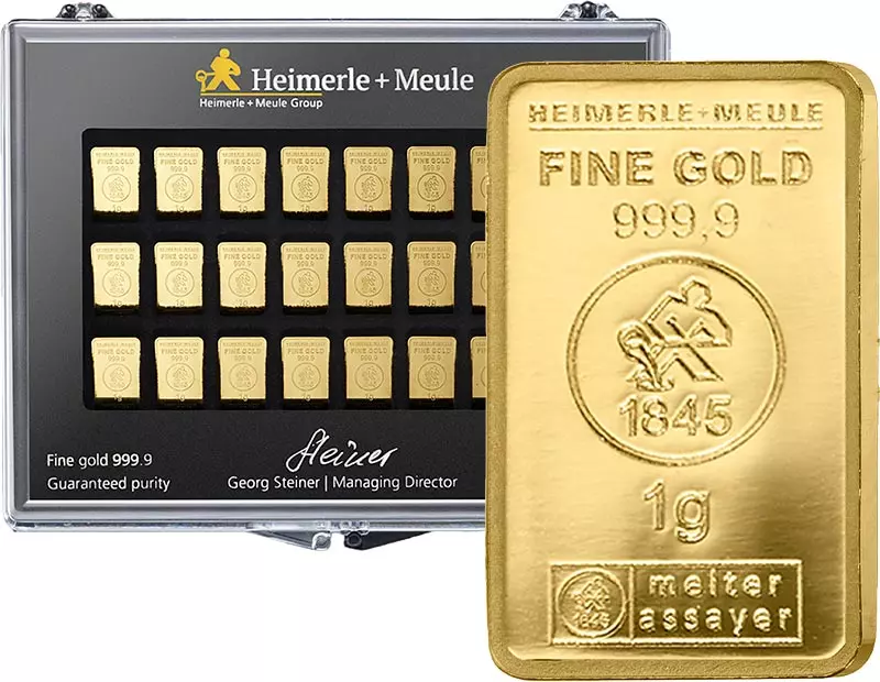 50 x 1 Gramm Goldbarren Heimerle & Meule Unity Bar