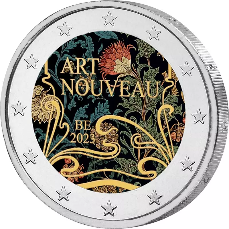 2 Euro Belgien Jugendstil in Brüssel 2023 mit Farb-Applikation