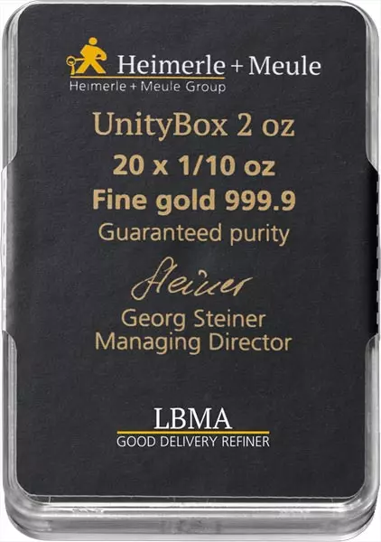 20 x 1/10 Unze Goldbarren Heimerle & Meule Unity Box
