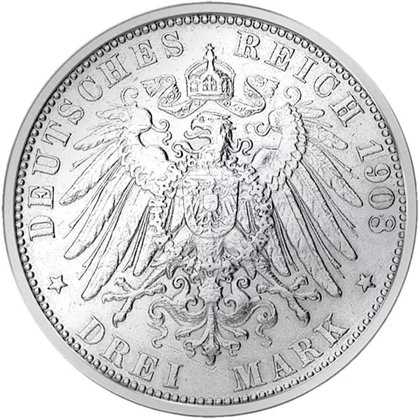3 Mark Württemberg König Wilhelm II. 1908-1914 sehr schön
