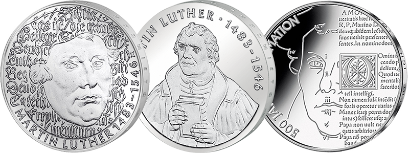 5 DM, 20 Mark, 20 Euro Spar-Set BRD und DDR Martin Luther 1983 und 2017