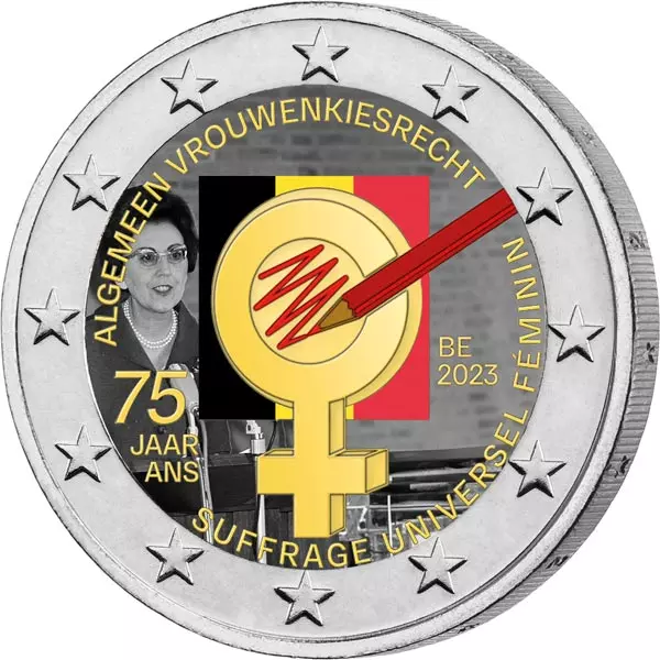 2 Euro Belgien 75 Jahre Frauenwahlrecht 2023 mit Farb-Applikation