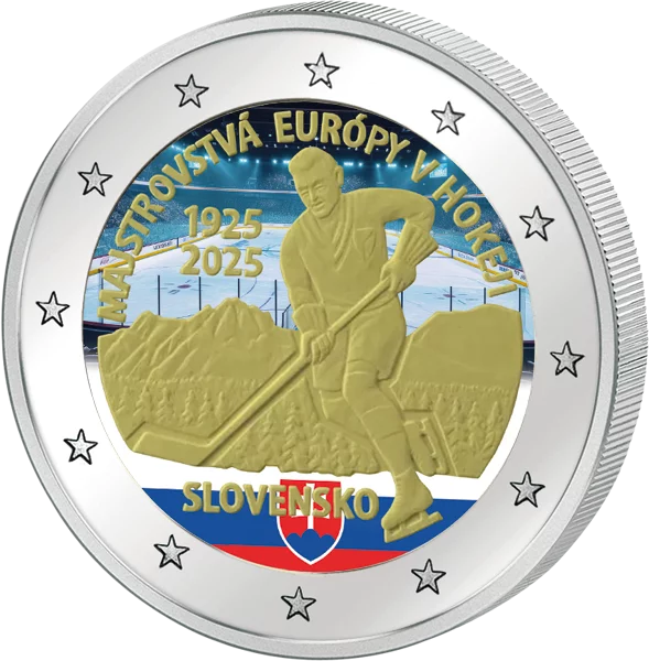 2 Euro Slowakei 100 Jahre Erstes internationales Sportturnier Eishockey-EM 2025 mit Farb-Applikation