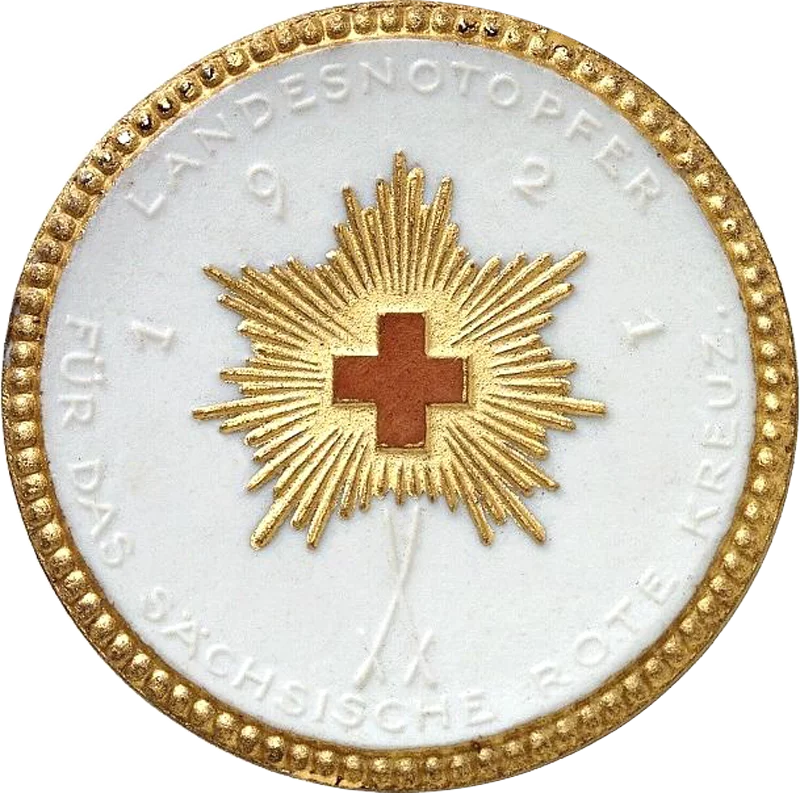 Porzellanmedaille Dresden auf das sächsische Rote Kreuz 1921 mit Golddekor