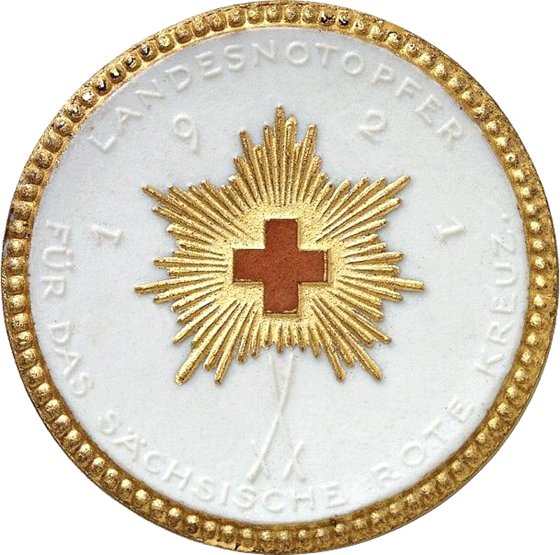 Porzellanmedaille Dresden auf das sächsische Rote Kreuz 1921 mit Golddekor