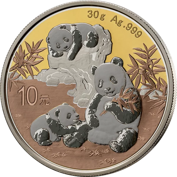 10 Yuan China Premium Panda Selection 2025 mit Goldveredelung und Porcelain Effect Finish