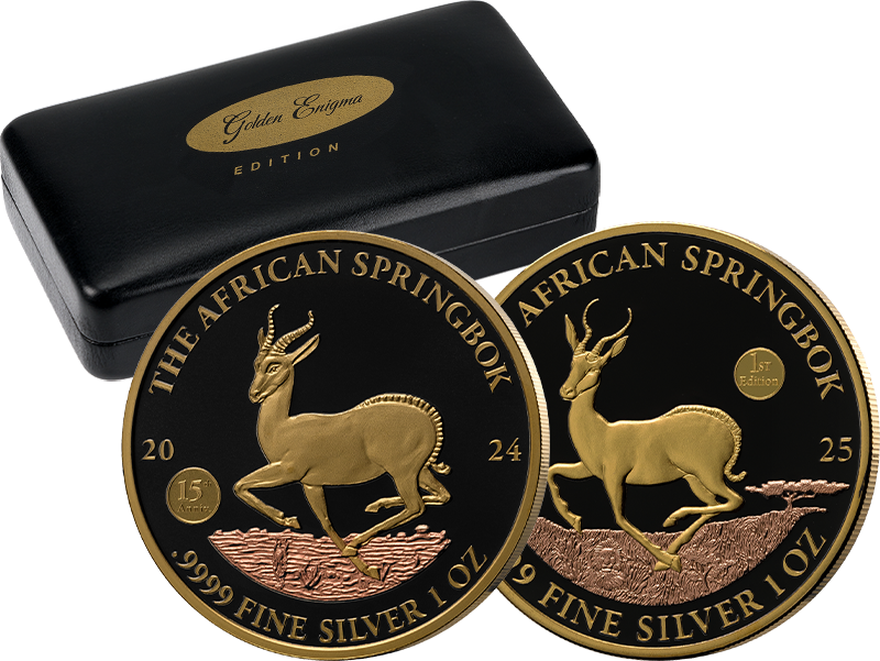 1.000 Francs Gabun 2024 + 25 Francs Burundi 2025 Springbock Golden Enigma Premium Edition