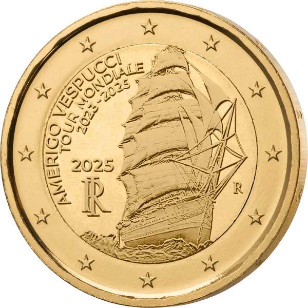 2-Euro-Gedenkmünze Italien Weltreise, des Amerigo-Vespucci als vollvergoldete Premiumausgabe 2-Euro-Gedenkmünze Italien Weltreise, des Amerigo-Vespucci als vollvergoldete Premiumausgabe