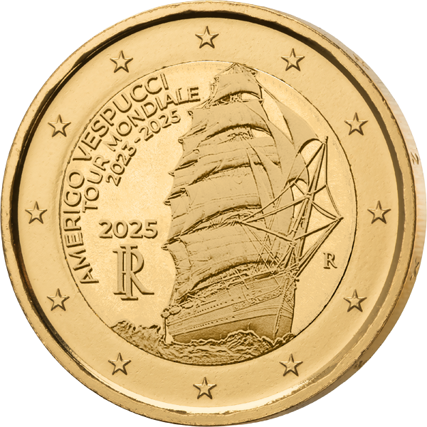 2-Euro-Gedenkmünze Italien Weltreise, des Amerigo-Vespucci als vollvergoldete Premiumausgabe