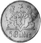 5 Gulden Danzig Stilisierte Marienkirche 1923-1927 Sehr schön