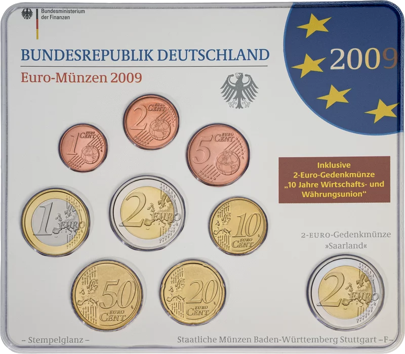 Euro-Kursmünzensatz BRD Saarland inkl. 2-Euro-Gedenkmünze 10 Jahre Wirtschafts- und Währungsunion 2009 Stempelglanz