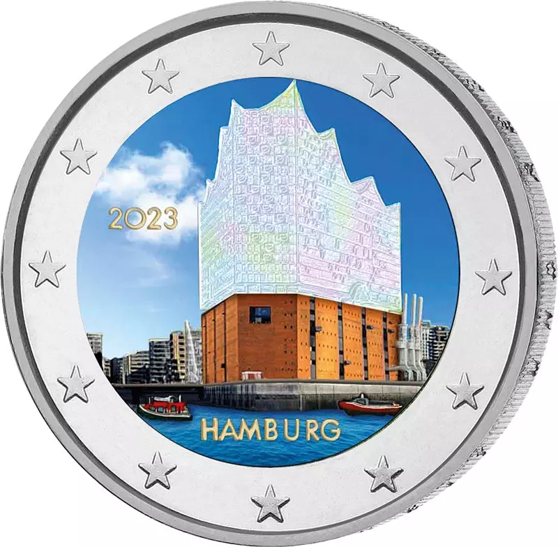 2 Euro BRD Hamburg Elbphilharmonie 2023 mit Farb-Applikation und Hologramm