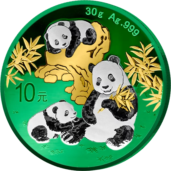 10 Yuan China Panda mit Grün und Weiß Rhodium sowie Gold-Applikation 2025