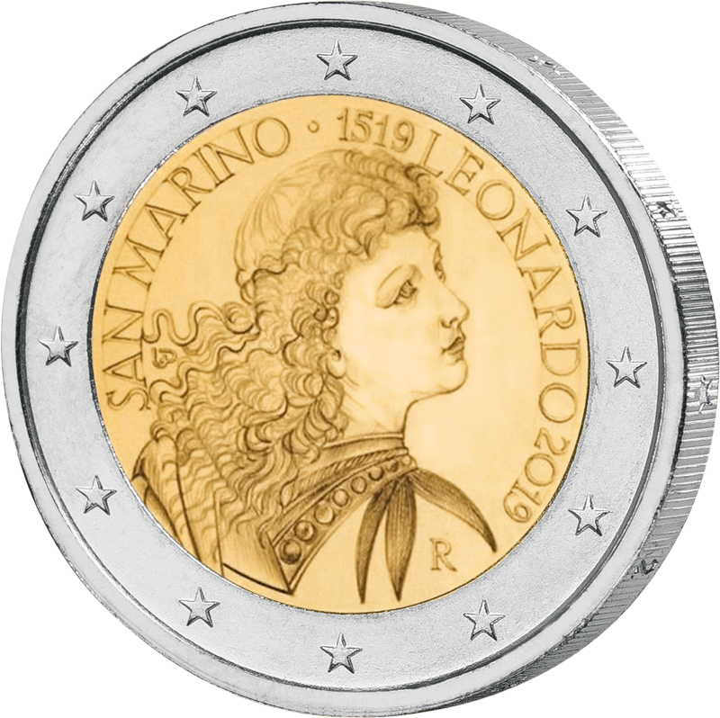 Vorderseite 2 Euro San Marino 500. Todestag von Leonardo da Vinci 2019