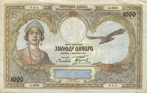 1.000 Dinara Königreich Jugoslawien Königin Maria von Hohenzollern-Sigmaringen 1931