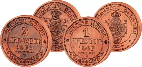 1 und 2 Pfennige Sachsen König Johann 1862-1873