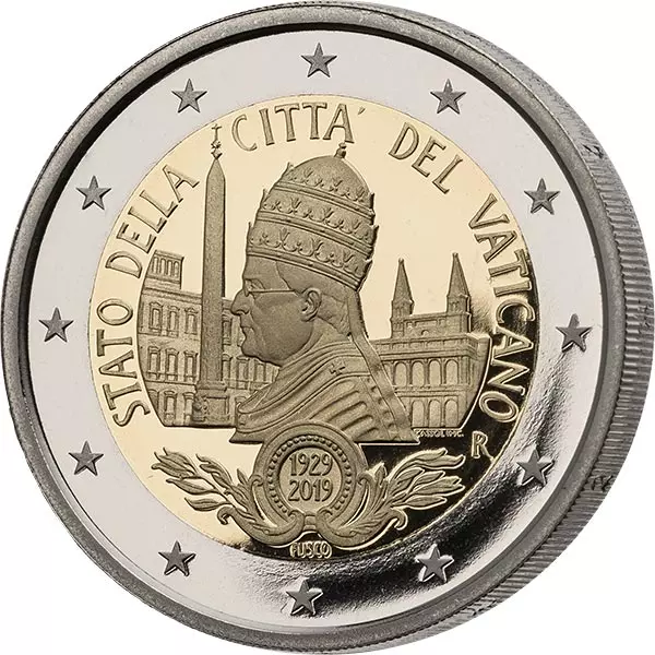 2 Euro Vatikan Ersttagsedition 90. Jahrestag der Gründung des Staates Vatikanstadt 2019 Polierte Platte inkl. Briefmarke