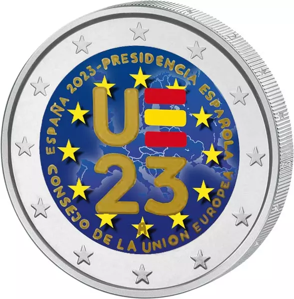 2 Euro Spanien EU-Ratspräsidentschaft 2023 mit Farb-Applikation