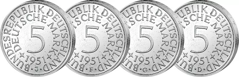 4 x 5 DM BRD Jahrgangsatz Silberadler 1951