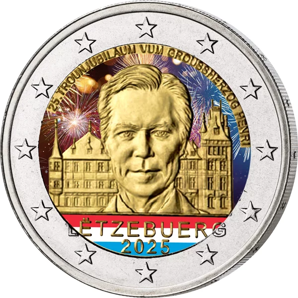 2 Euro Luxemburg 25 Jahre Thronbesteigung Großherzog Henri 2025 mit Farb-Applikation