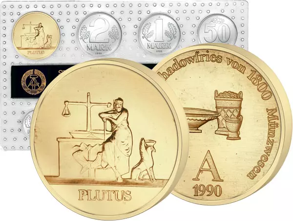 1 Pfennig - 2 Mark DDR Kursmünzensatz inkl. Gedenkprägung Plutus 1990