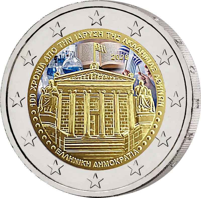 2 Euro Griechenland 100 Jahre Akademie von Athen 2026 mit Farb-Applikation