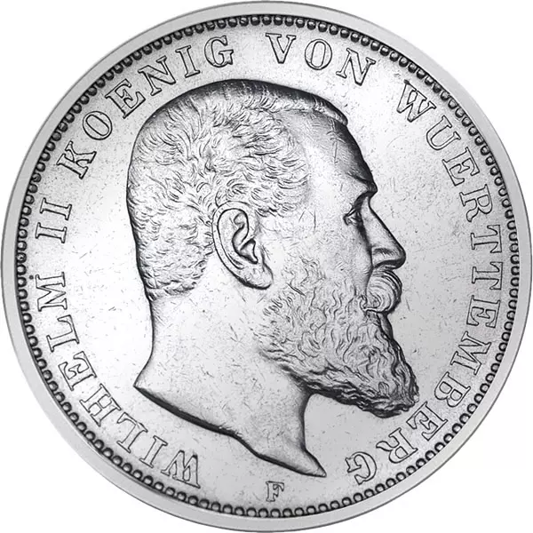 3 Mark Württemberg König Wilhelm II. 1908-1914 sehr schön