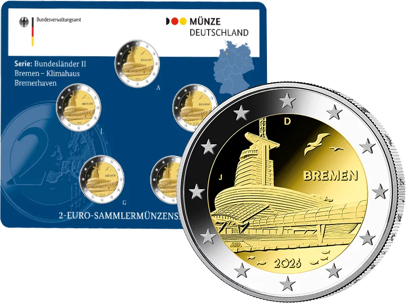 5 x 2 Euro BRD Bremen - Klimahaus Bremerhaven 2026 Stempelglanz (A-J) inkl. Blister