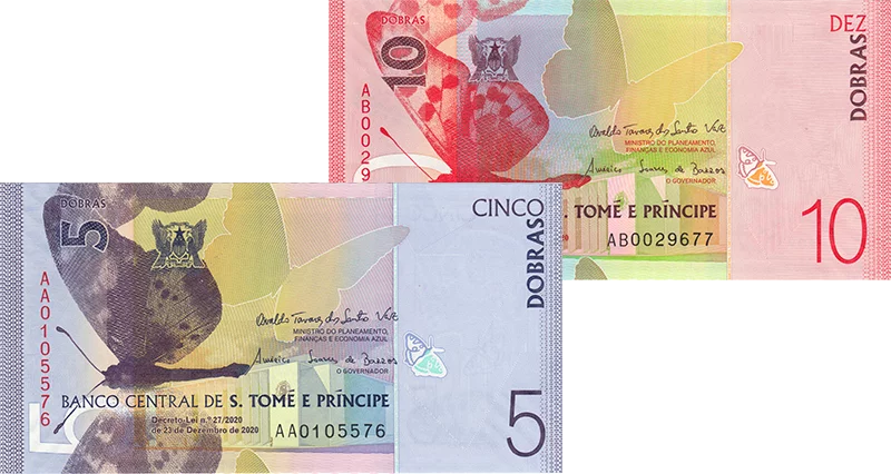 2er Set 5 + 10 Dobras Sao Tome and Prinicpe Banknoten 2020