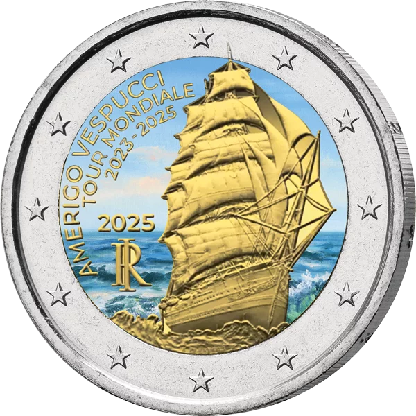 2 Euro Italien Weltreise des Amerigo-Vespucci-Segelschulschiffes 2023-2025, 2025 mit Farb-Applikation