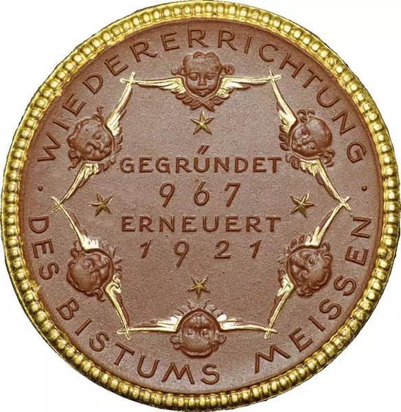 Porzellanmedaille Meißen auf die Wiedererrichtung des Bistums Meißen