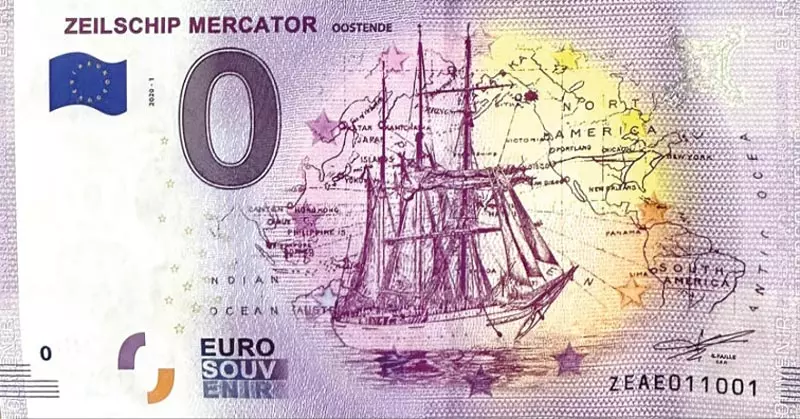 0-Euro-Banknote Belgien Segelschiff Mercator-Oostende 2020