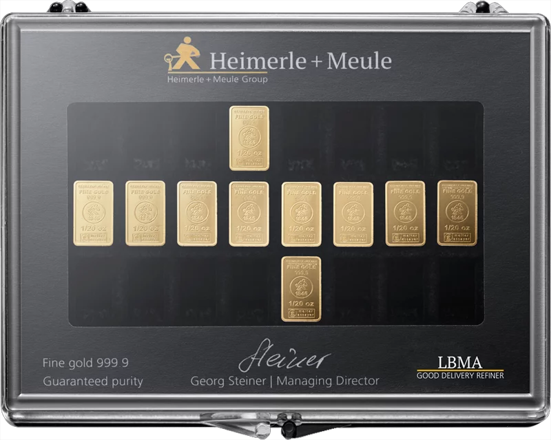 10 x 1/20 Unze Goldbarren Heimerle & Meule Unity Bar Collection