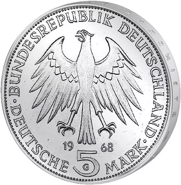 5 DM Münze BRD Johannes Gutenberg 1968 Stempelglanz
