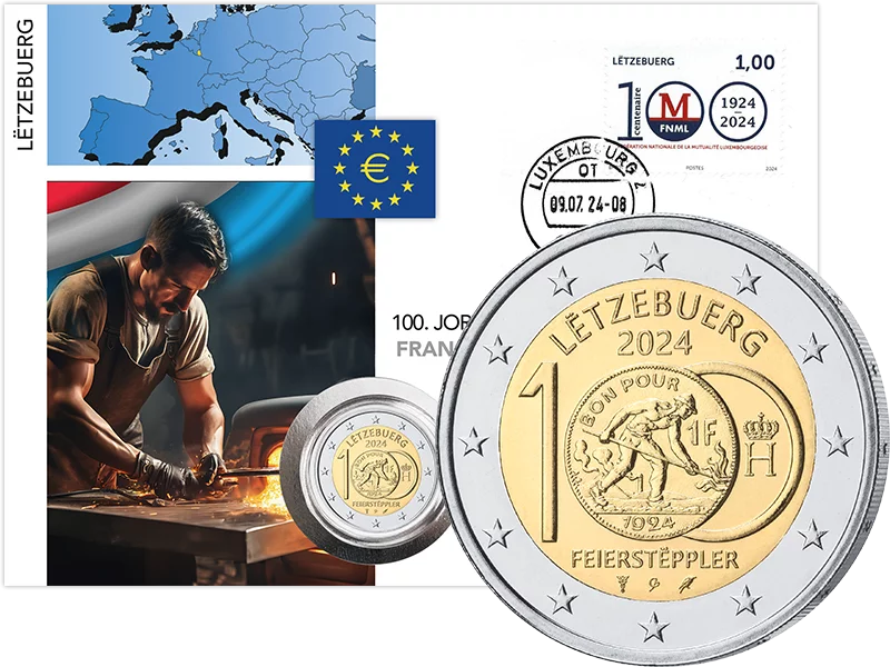2 Euro Numisbrief Luxemburg 100 Jahre Einführung der Franc-Münzen mit dem Feierstëppler 2024