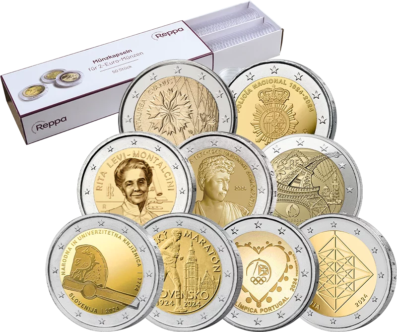 9 x 2 Euro Spar-Set 2024 inkl. 50 Kapseln im Schuber und Visitenkarte Lupe