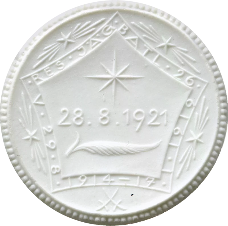 Porzellanmedaille Freiberg (Sachsen) Auf das Denkmal des Reserve-Jägerbataillons 26 1921