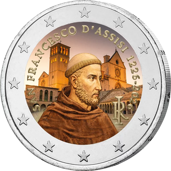 2 Euro Italien 800. Todestag Franz von Assisi 2026 mit Farb-Applikation
