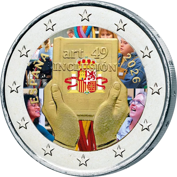 2 Euro Spanien Behinderung: Schutz, Rechte und Inklusion 2026 mit Farb-Applikation