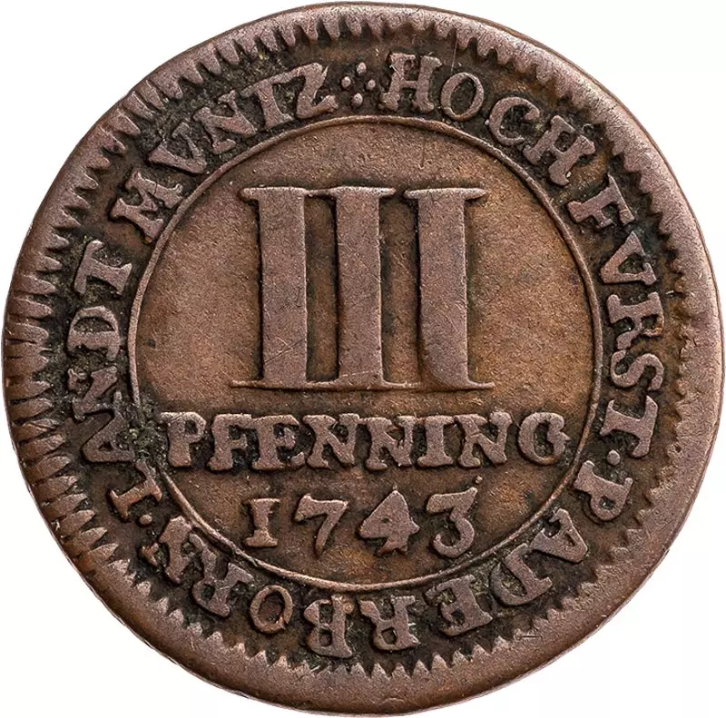 3 Pfennige Paderborn Fürstbischof Klemens August von Bayern 1743