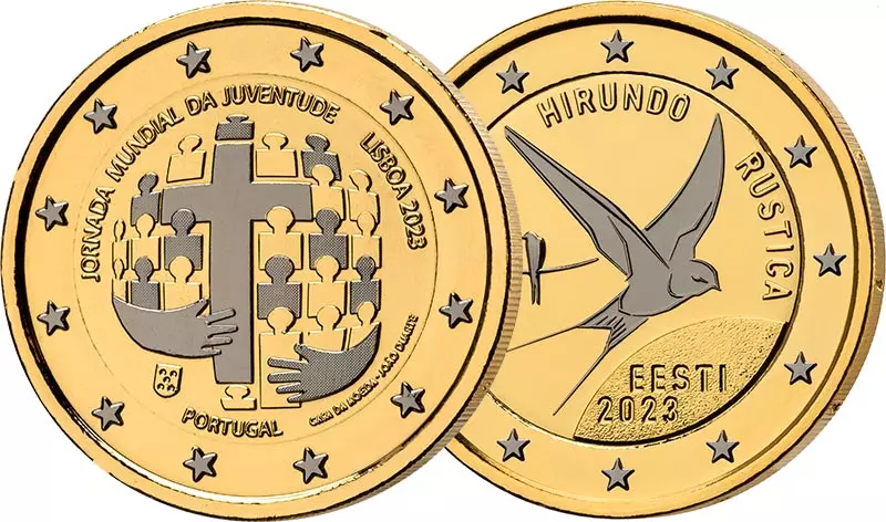 Spar-Set 2 x 2 Euro Portugal/Estland Weltjugendtag und Rauchschwalbe 2023 Golden Enigma Reverse Edition