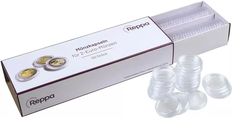 50er-Pack Kapseln für 2-Euro-Münzen im neuen Reppa-Branding