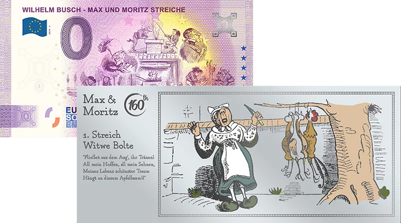 Noble Note Max & Moritz Die entdeckten Hühner + 0-Euro-Banknote Max & Moritz
