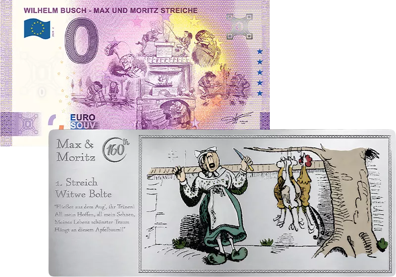 Noble Note Max & Moritz Die entdeckten Hühner + 0-Euro-Banknote Max & Moritz