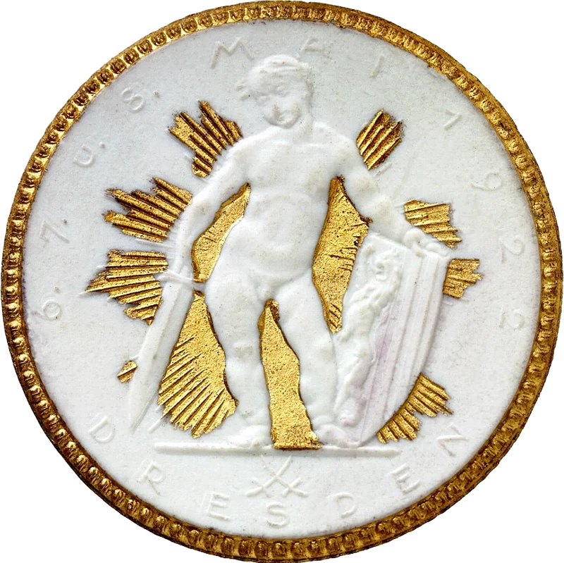 Porzellanmedaille Dresden Auf das Treffen der Verkehrstruppen 6. - 8. Mai 1922 mit Golddekor
