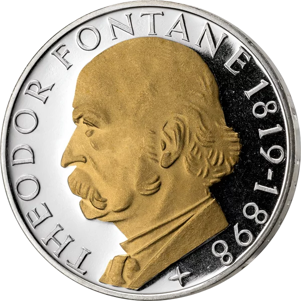 5 DM BRD 150. Geburtstag Theodor Fontane 1969 mit Gold-Applikation