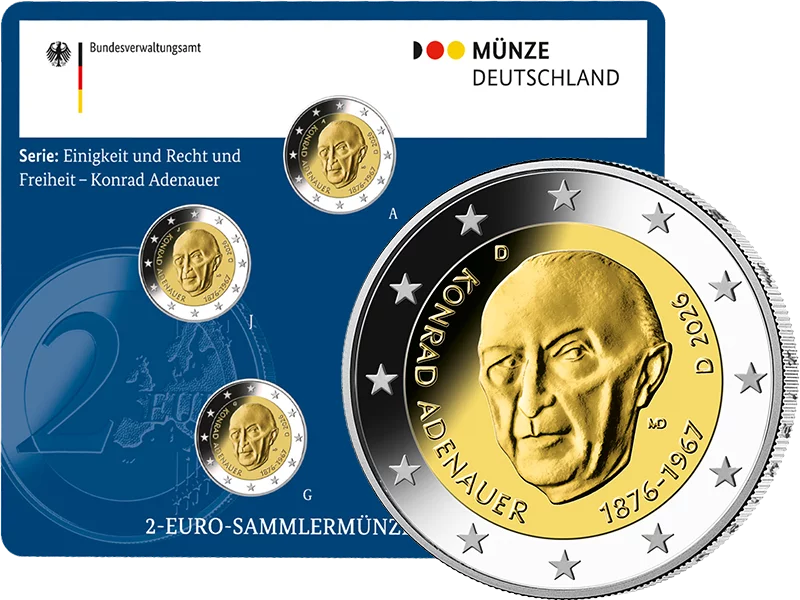5 x 2 Euro BRD Erster Kanzler - Konrad Adenauer 2026 Stempelglanz (A-J) inkl. Blister